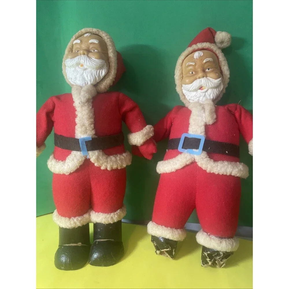 Two VTG rubber face Santa Claus Dolls Christmas collectibles MCM Japan 50's